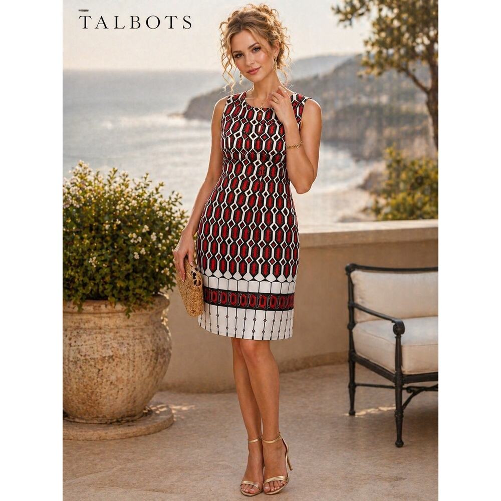 Talbots Sleeveless Geometric Print Dress Size 6 Red Black White